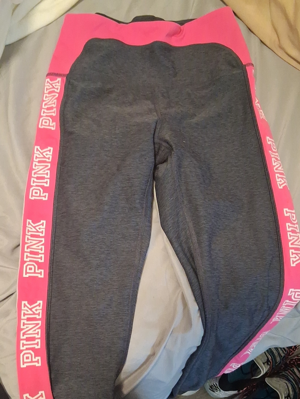 PINK Victoria's Secret Gray Leggings with Bright Pink Waistband & Side Panels